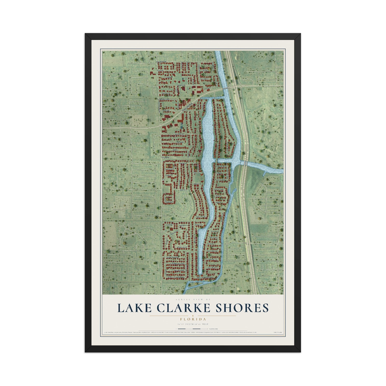 Lake Clarke Shores, Florida map print, 12" x 18" W/ Black Ayous Wood Frame mockup