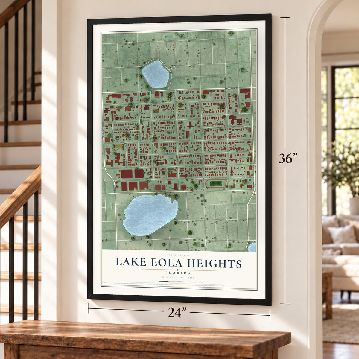 Lake Eola Heights, Florida map, 24 x 36 inch print in a black frame by a staircase