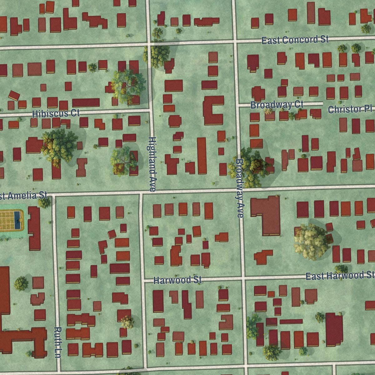 Close-up of the map of Lake Eola Heights, Florida print showing street and building detail