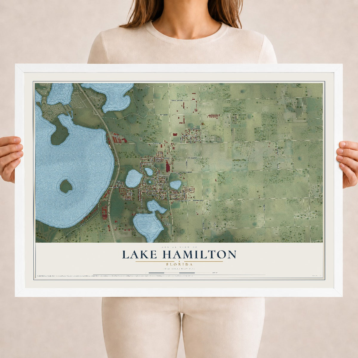 Lake Hamilton, Florida map print, 18" x 24" W/ White Ayous Wood Frame mockup