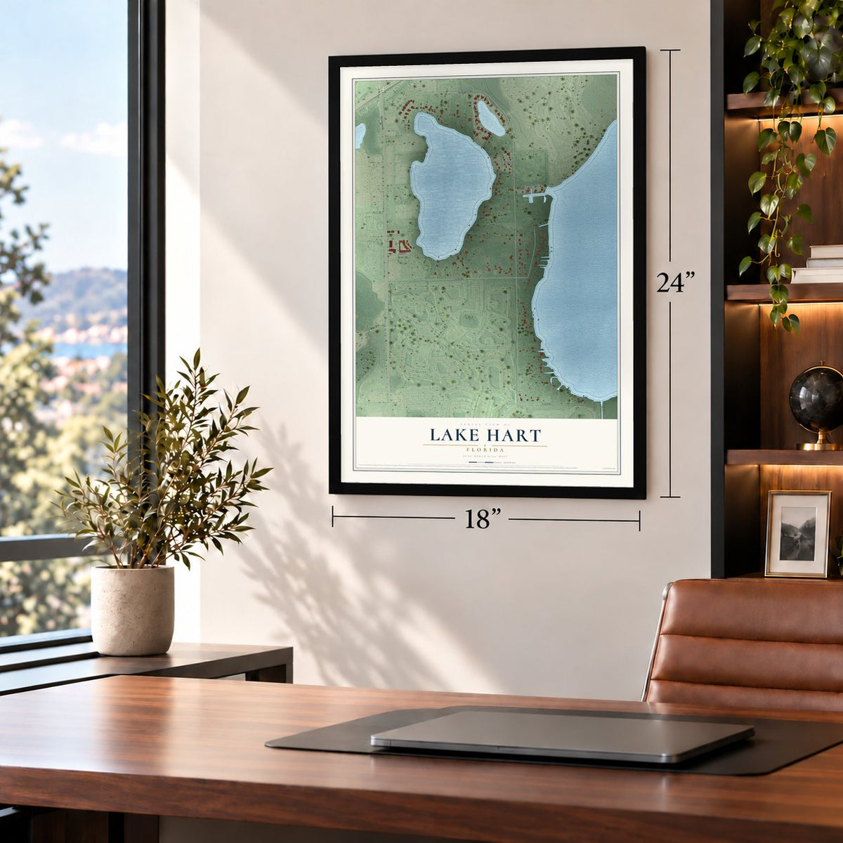 Lake Hart, Florida map, 18 x 24 inch print in a black frame in a home office