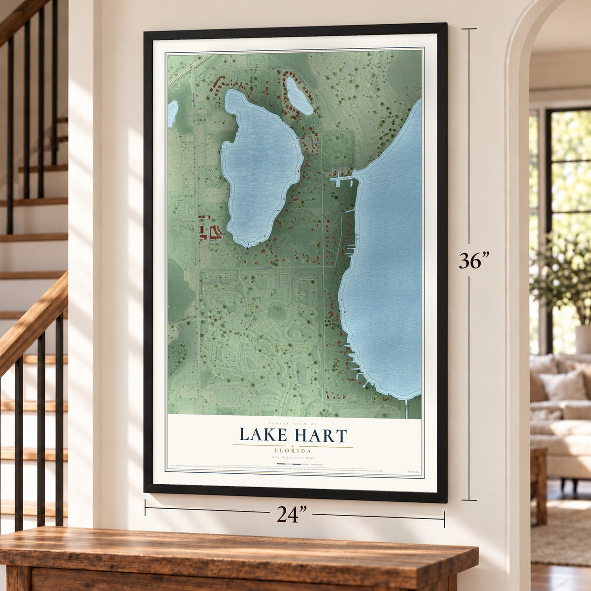 Lake Hart, Florida map, 24 x 36 inch print in a black frame by a staircase