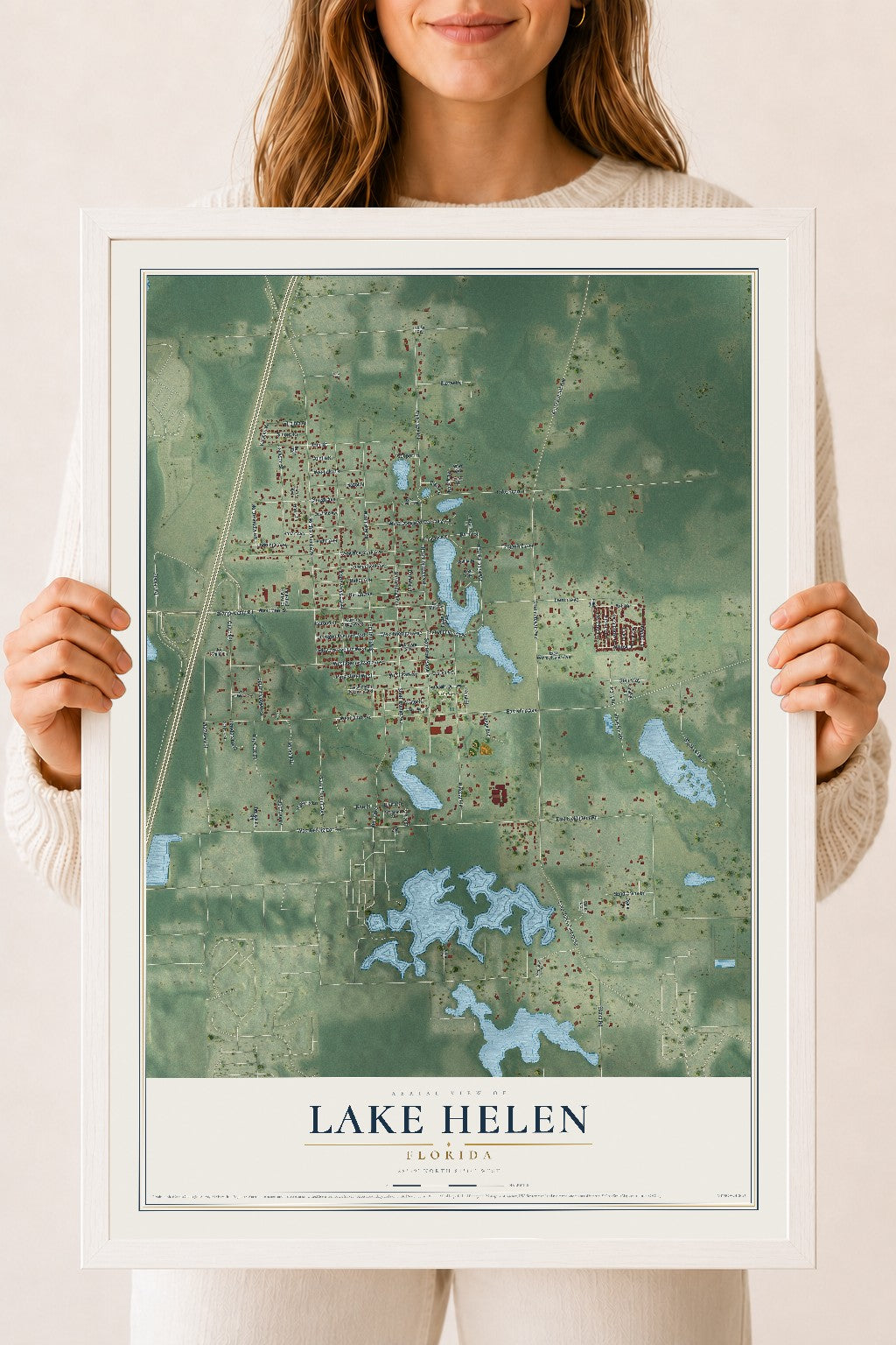 Lake Helen, Florida map print, 18" x 24" W/ White Ayous Wood Frame mockup