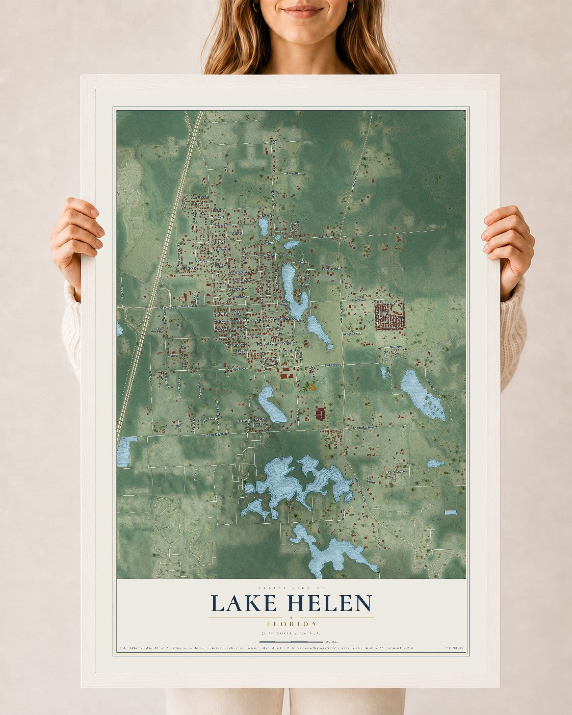 Lake Helen, Florida map print, 24" x 36" W/ White Ayous Wood Frame mockup