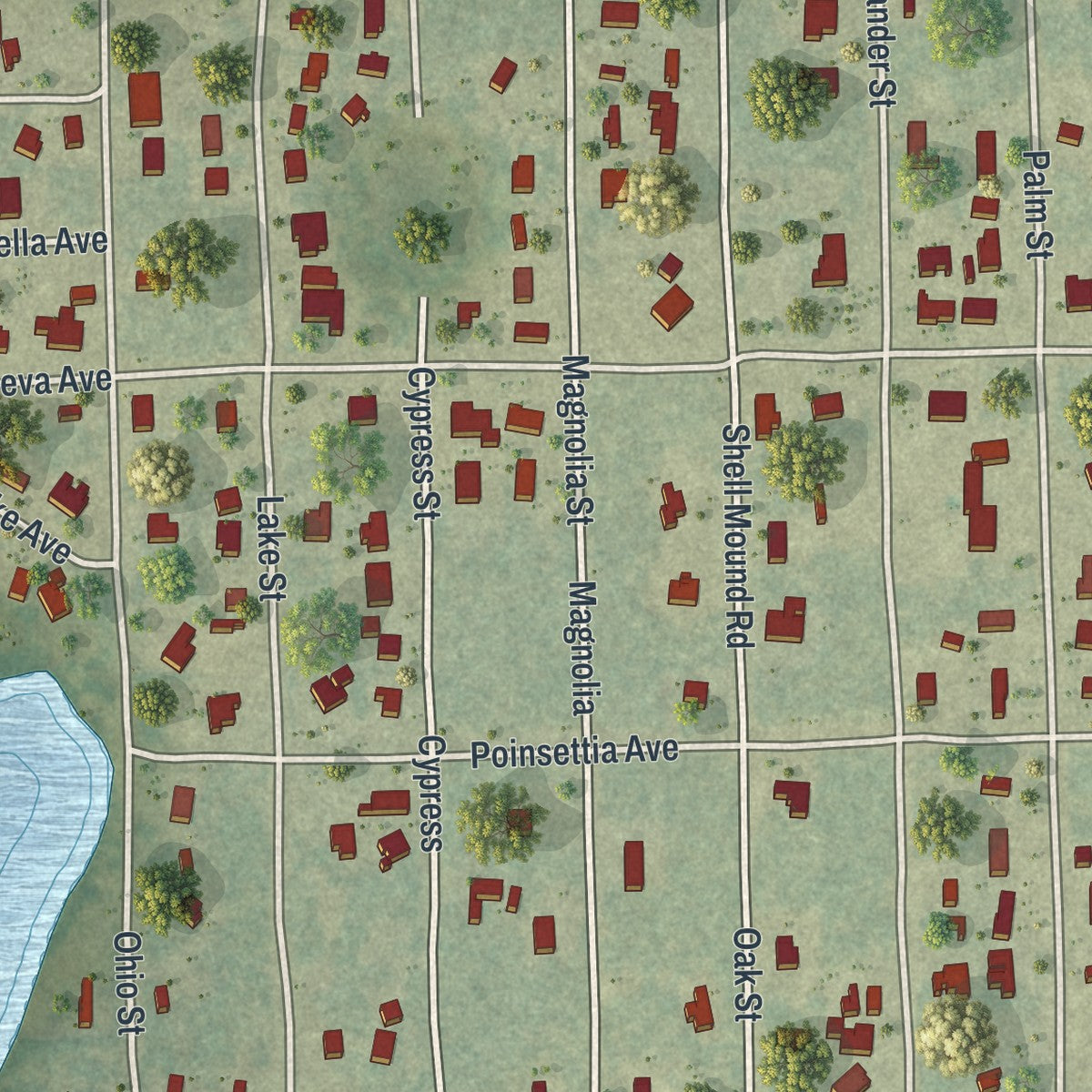 Close-up of the map of Lake Kathryn, Florida print showing street and building detail