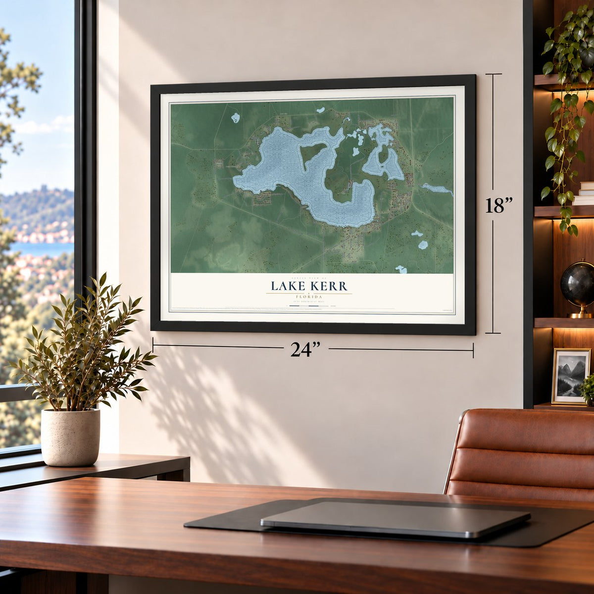 Lake Kerr, Florida map, 18 x 24 inch print in a black frame in a home office