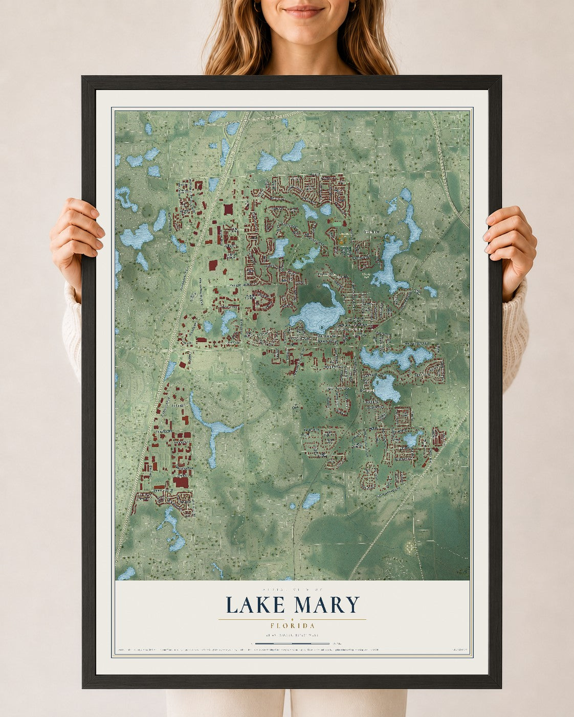 Lake Mary, Florida map print, 24" x 36" W/ Black Ayous Wood Frame mockup