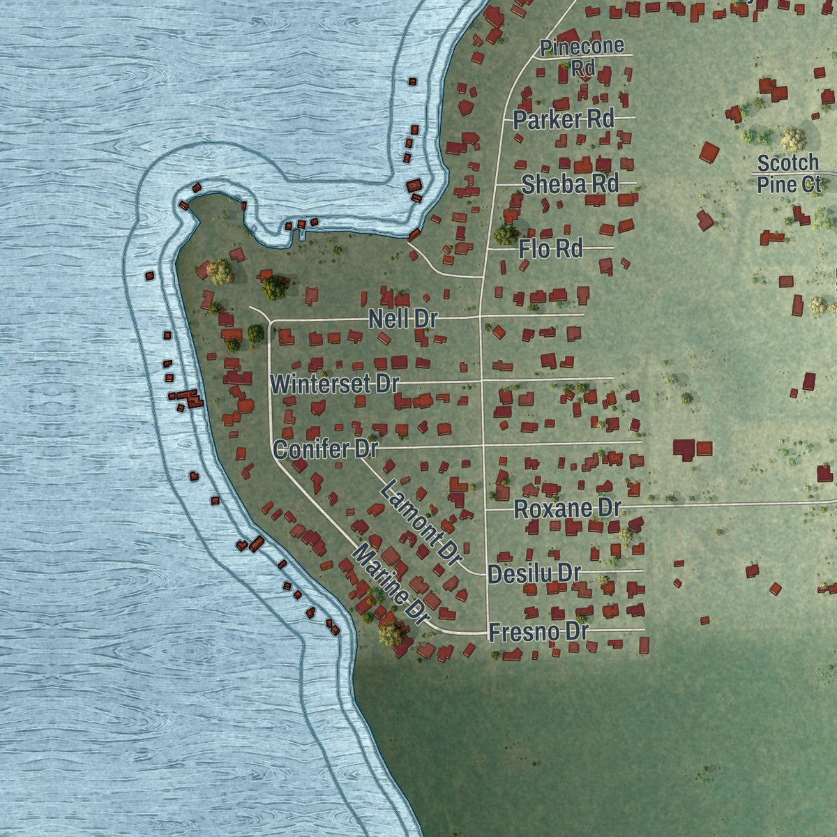 Close-up of the map of Lake Mary Jane, Florida print showing street and building detail