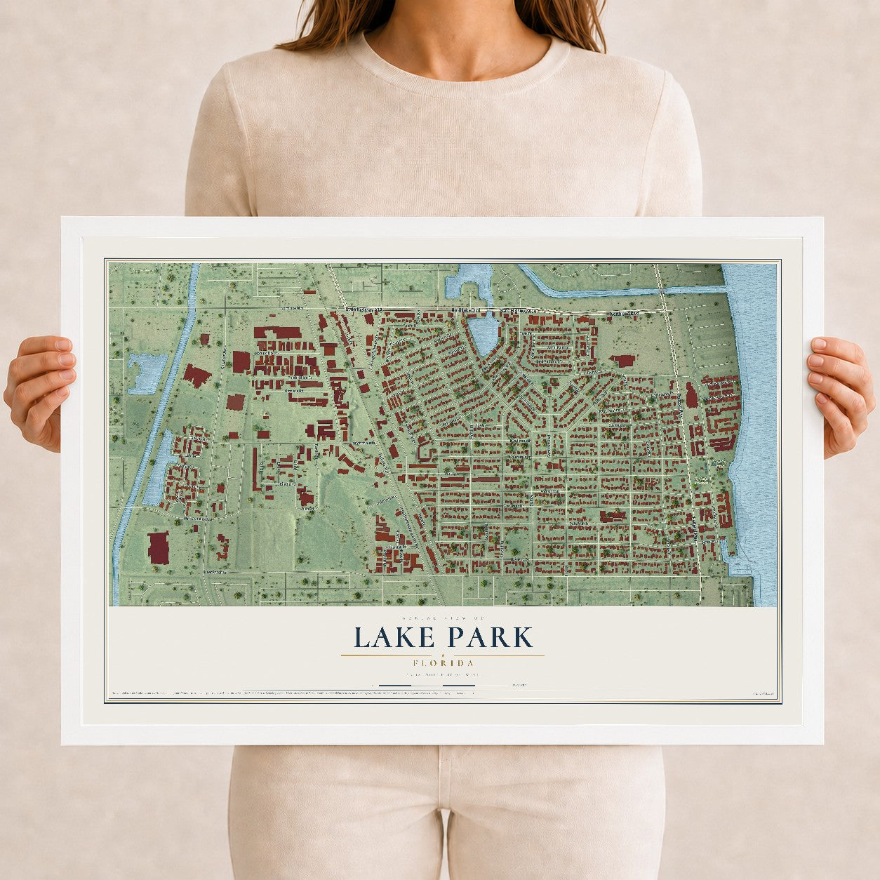 Lake Park, Florida map print, 12" x 18" W/ White Ayous Wood Frame mockup