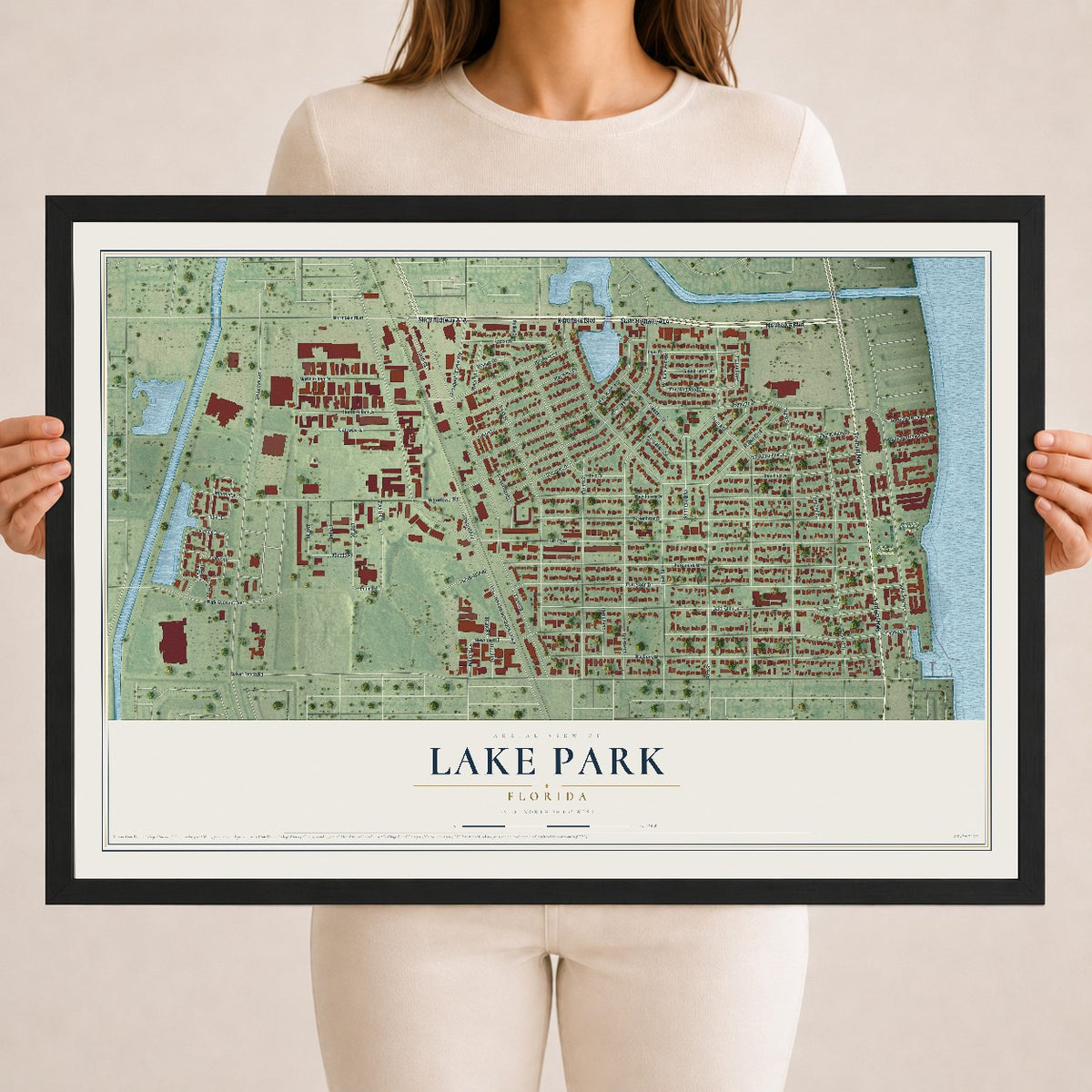 Lake Park, Florida map print, 18" x 24" W/ Black Ayous Wood Frame mockup