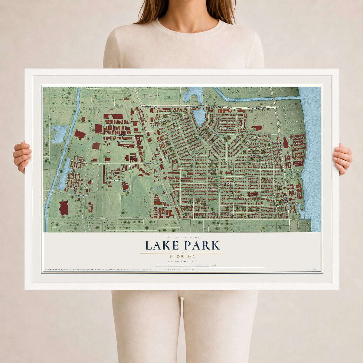 Lake Park, Florida map print, 24" x 36" W/ White Ayous Wood Frame mockup