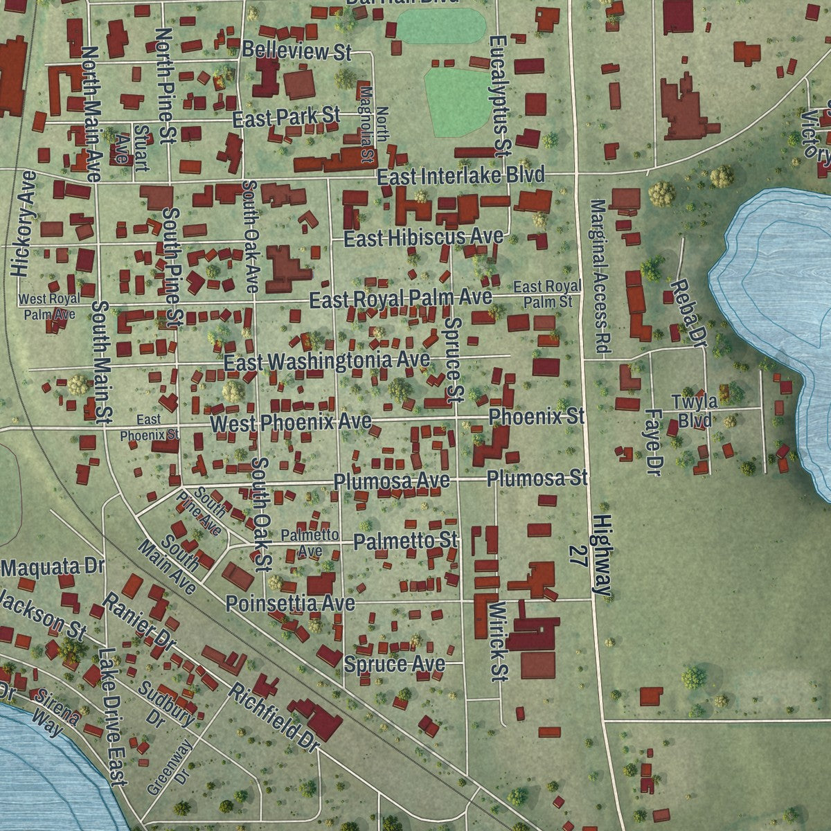 Close-up 1 of the Lake Placid, Florida map artwork