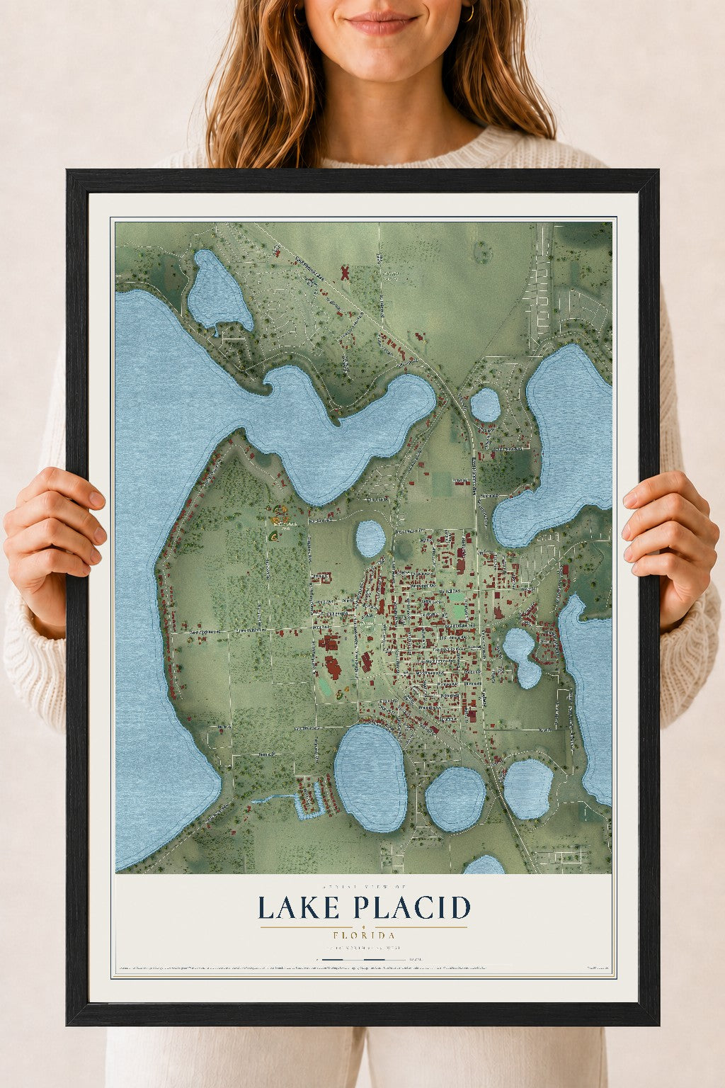 Lake Placid, Florida map print, 18" x 24" W/ Black Ayous Wood Frame mockup