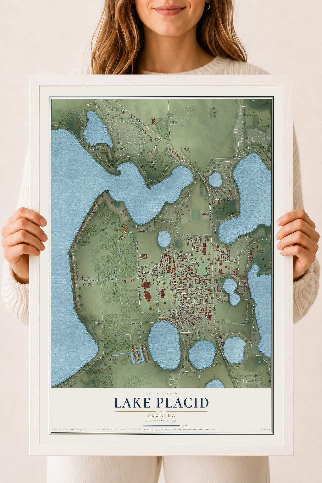 Lake Placid, Florida map print, 18" x 24" W/ White Ayous Wood Frame mockup