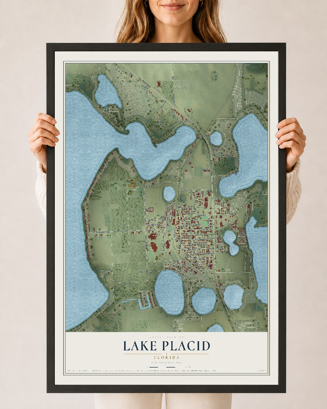 Lake Placid, Florida map print, 24" x 36" W/ Black Ayous Wood Frame mockup