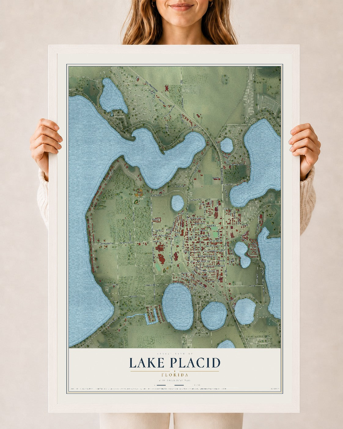 Lake Placid, Florida map print, 24" x 36" W/ White Ayous Wood Frame mockup