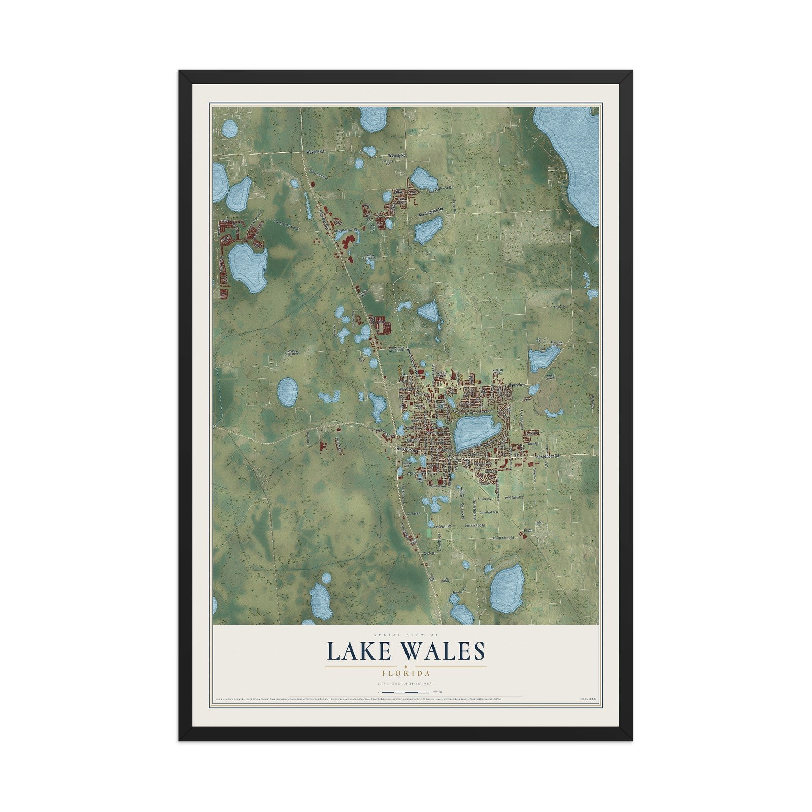 Lake Wales, Florida map print, 12" x 18" W/ Black Ayous Wood Frame mockup