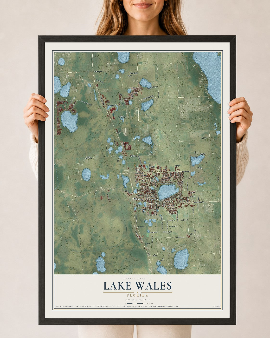 Lake Wales, Florida map print, 24" x 36" W/ Black Ayous Wood Frame mockup