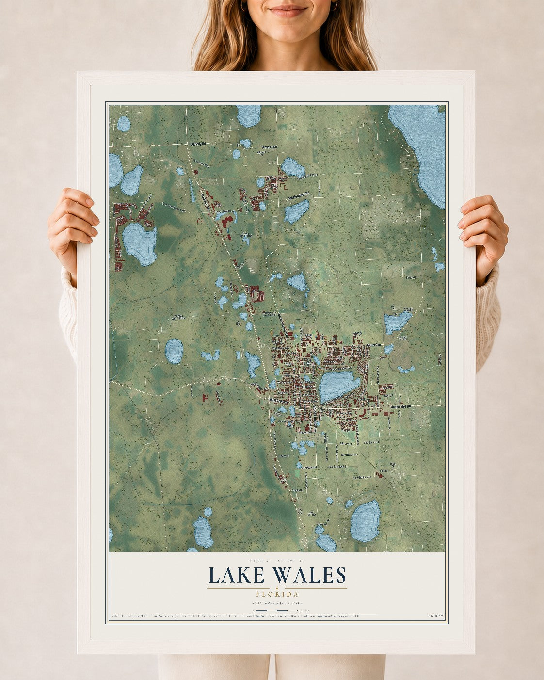 Lake Wales, Florida map print, 24" x 36" W/ White Ayous Wood Frame mockup