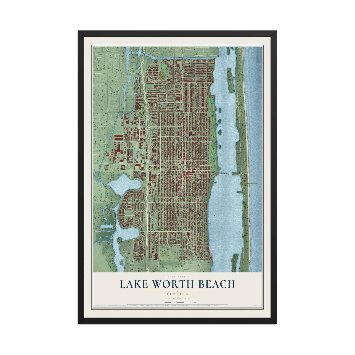 Lake Worth Beach, Florida map print, 12" x 18" W/ Black Ayous Wood Frame mockup