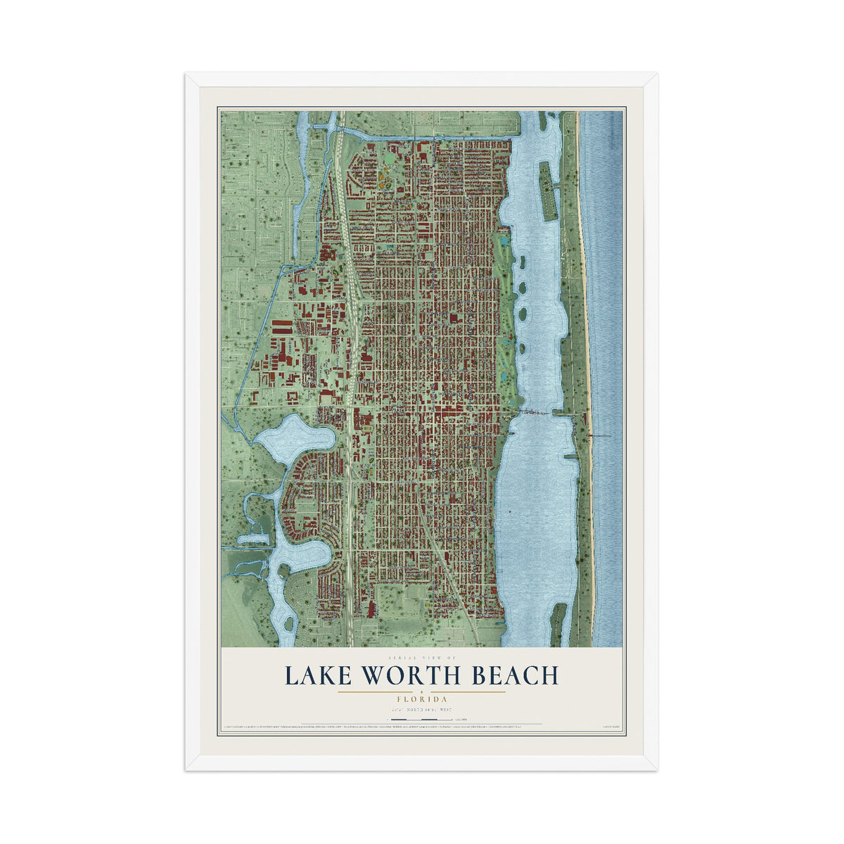 Lake Worth Beach, Florida map print, 12" x 18" W/ White Ayous Wood Frame mockup