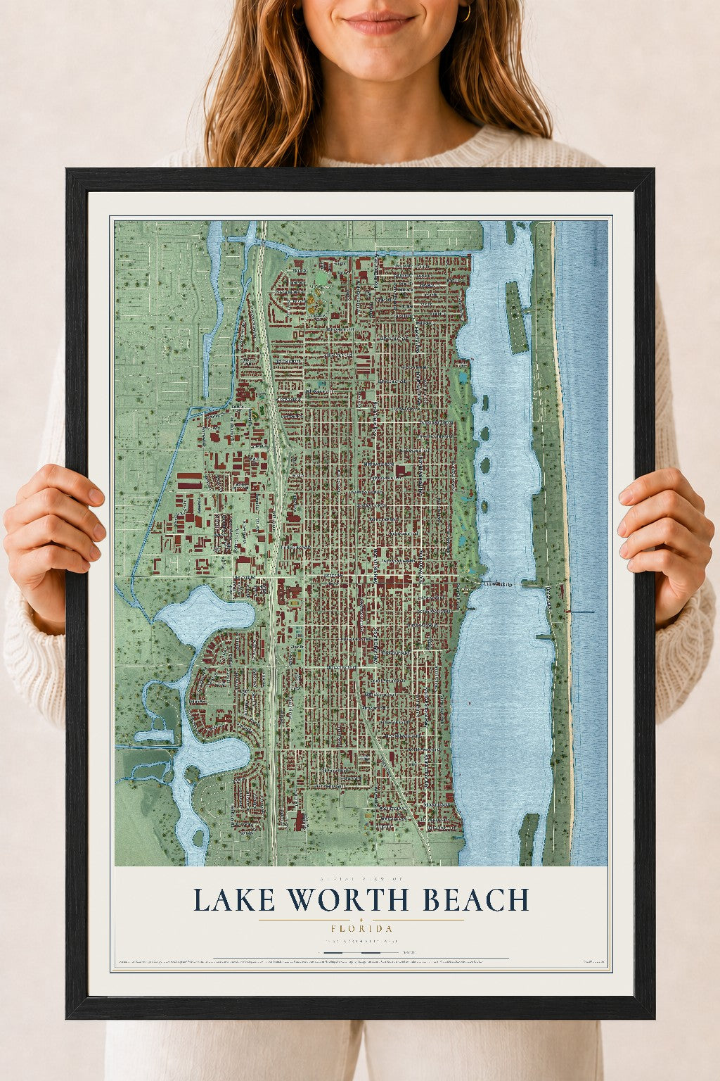 Lake Worth Beach, Florida map print, 18" x 24" W/ Black Ayous Wood Frame mockup