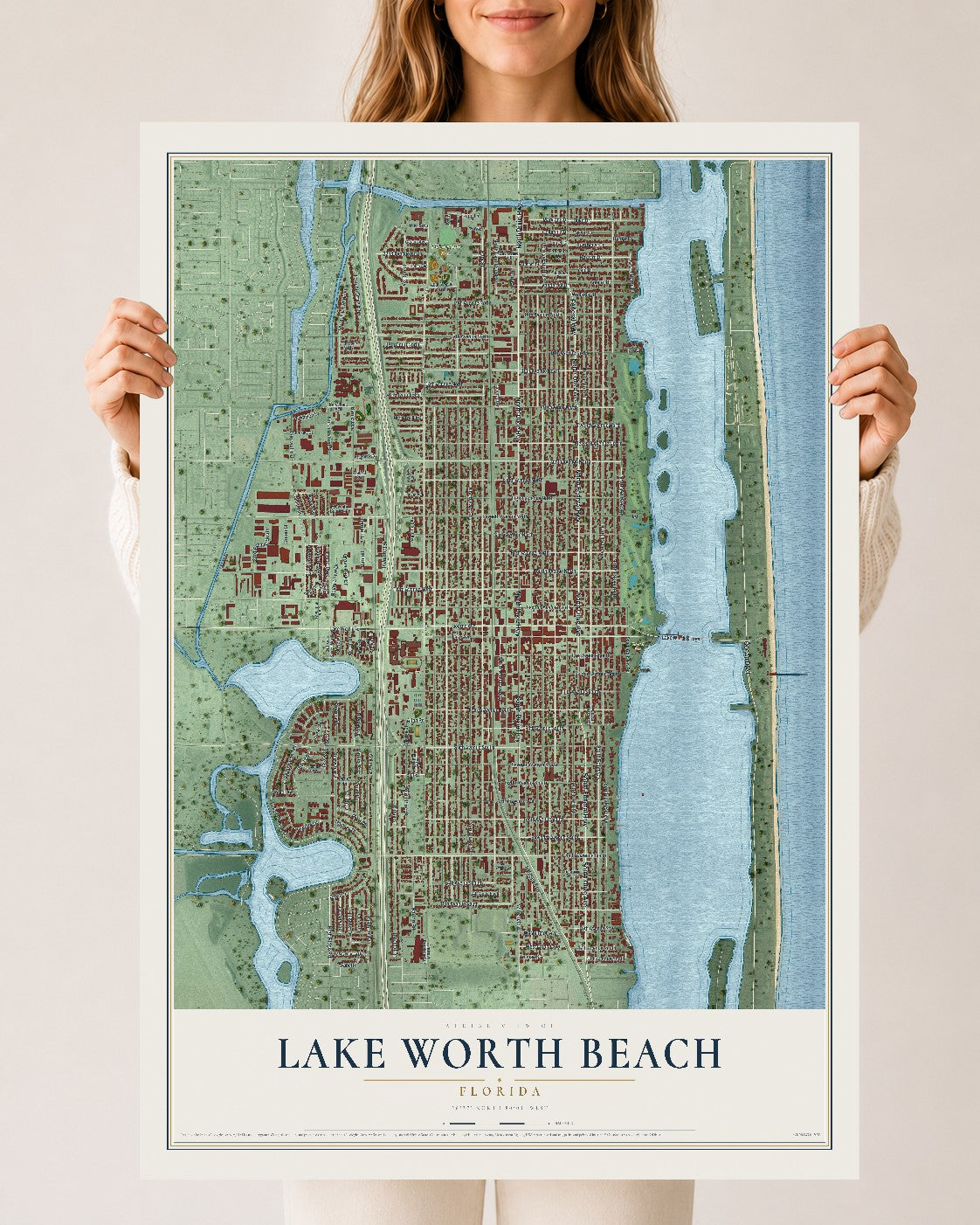 Lake Worth Beach, Florida map print, 24" x 36" Archival Matte Print mockup
