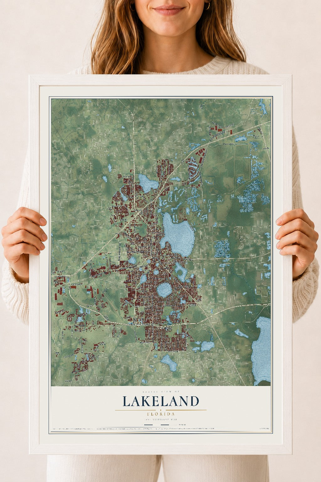 Lakeland, Florida map print, 18" x 24" W/ White Ayous Wood Frame mockup