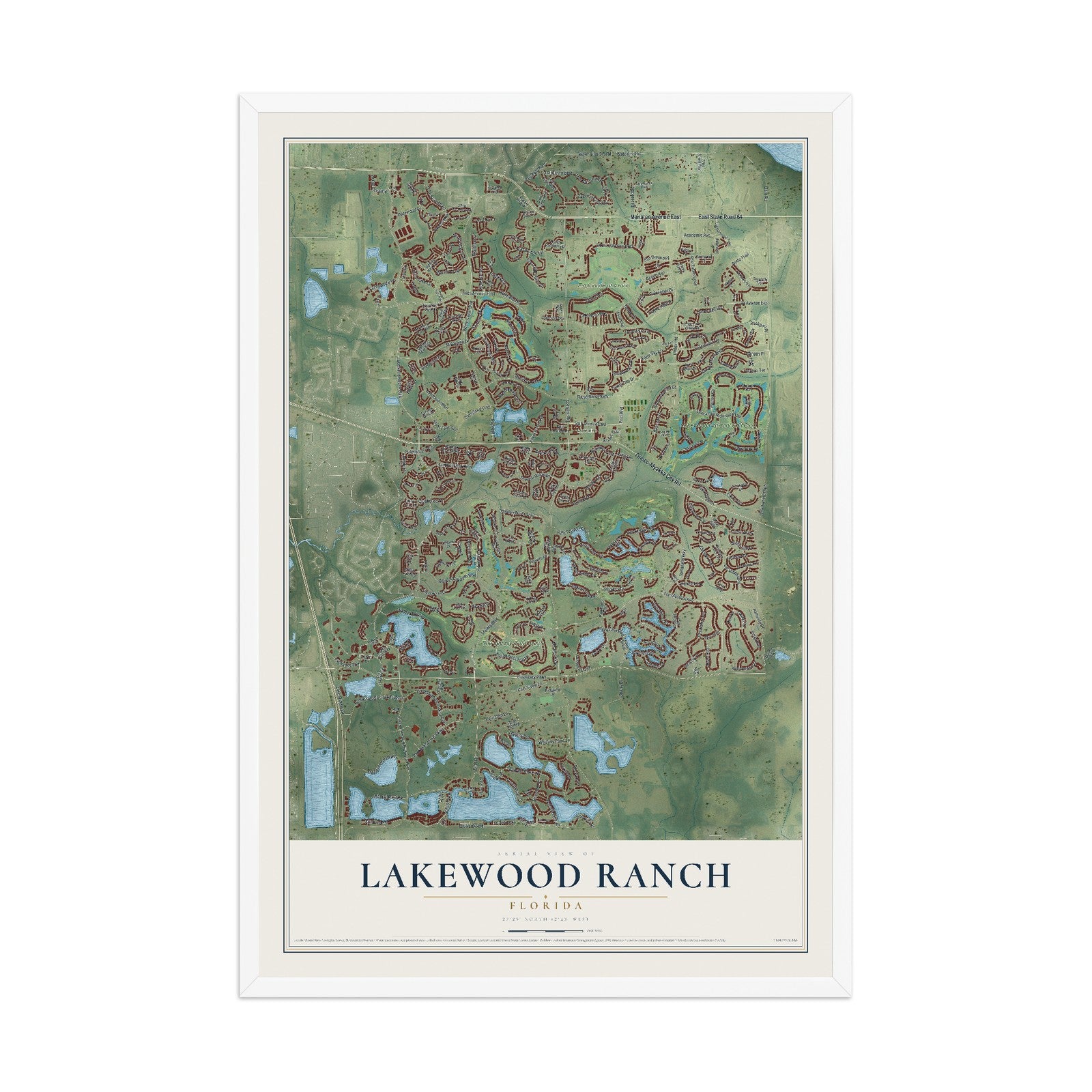 Lakewood Ranch, Florida map print, 12" x 18" W/ White Ayous Wood Frame mockup