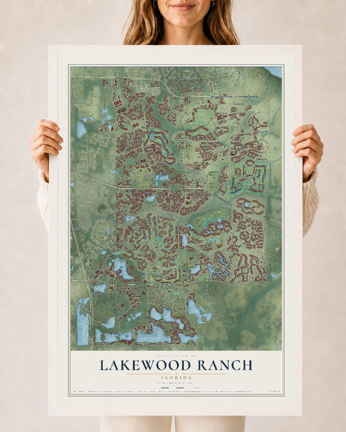 Lakewood Ranch, Florida map print, 24" x 36" W/ White Ayous Wood Frame mockup