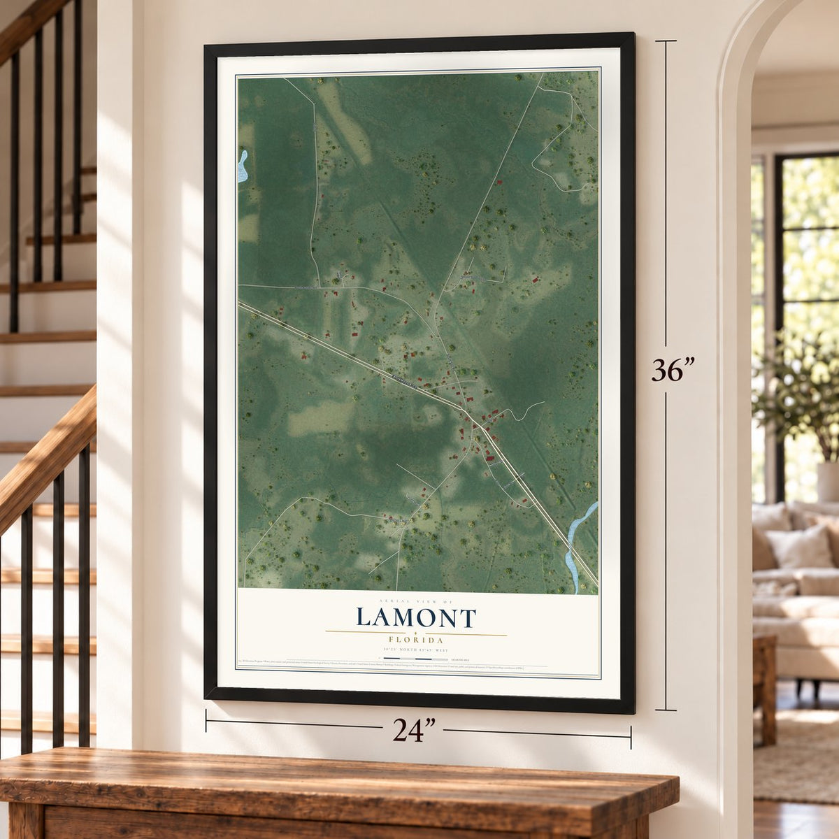 Lamont, Florida map, 24 x 36 inch print in a black frame by a staircase