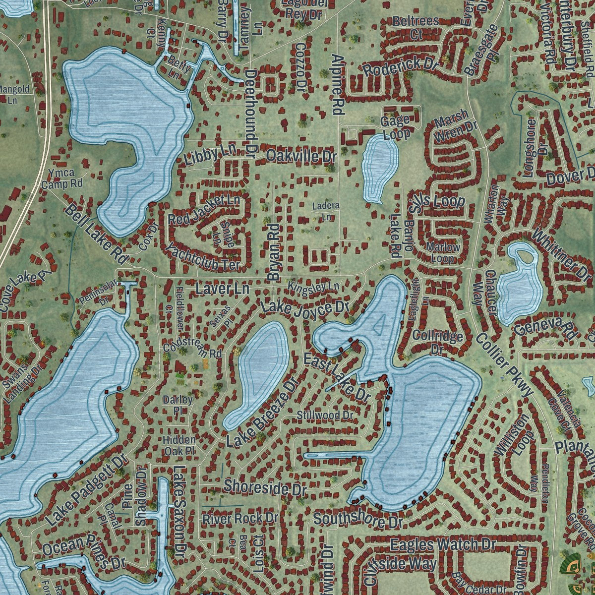Close-up of the map of Land O' Lakes, Florida print showing street and building detail