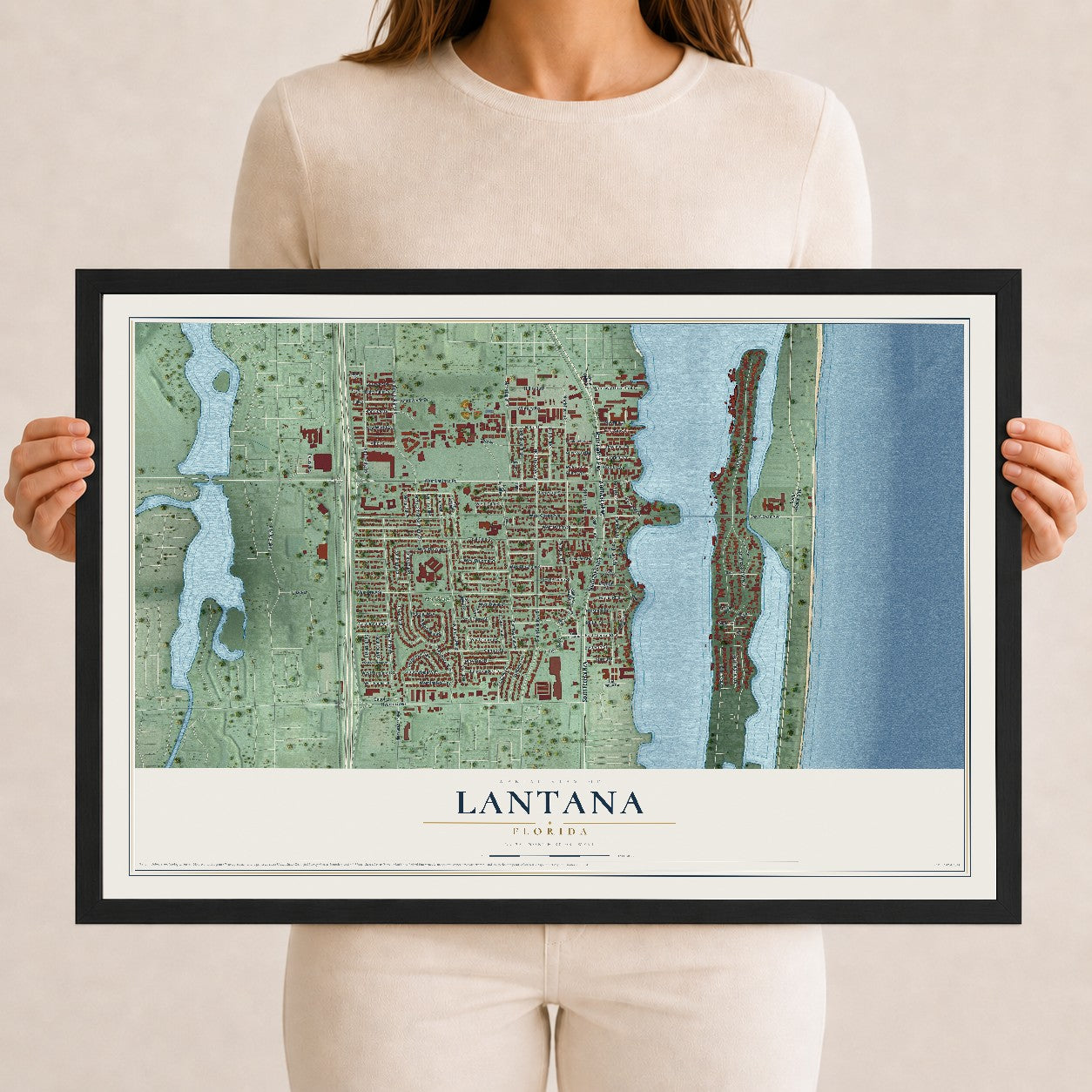 Lantana, Florida map print, 12" x 18" W/ Black Ayous Wood Frame mockup