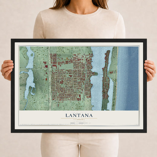 Map of Lantana, Florida, 12 x 18 inch print in a black wood frame