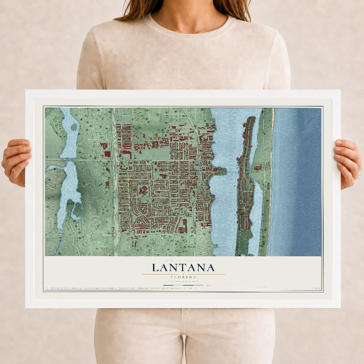 Lantana, Florida map print, 12" x 18" W/ White Ayous Wood Frame mockup