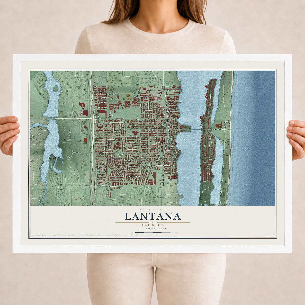 Lantana, Florida map print, 18" x 24" W/ White Ayous Wood Frame mockup