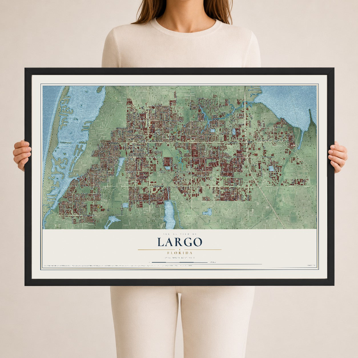 Largo, Florida map print, 24" x 36" W/ Black Ayous Wood Frame mockup