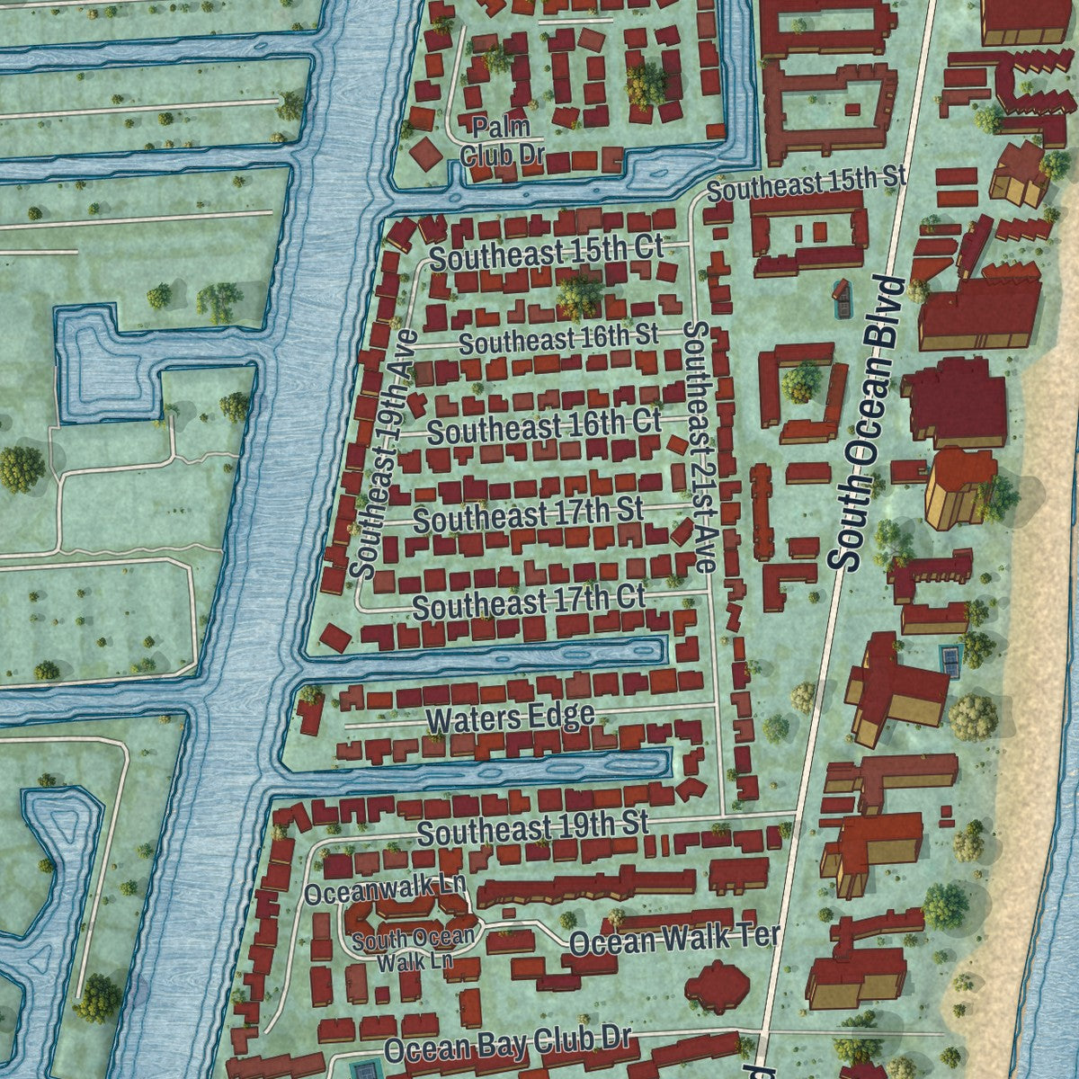 Close-up 1 of the Lauderdale-by-the-Sea, Florida map artwork