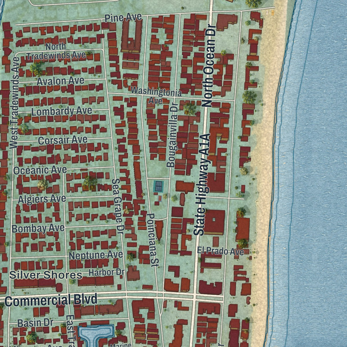 Close-up 2 of the Lauderdale-by-the-Sea, Florida map artwork