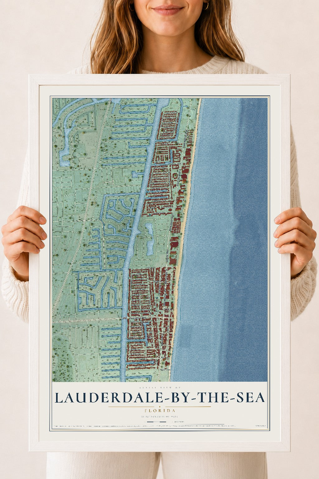 Lauderdale-by-the-Sea, Florida map print, 18" x 24" W/ White Ayous Wood Frame mockup