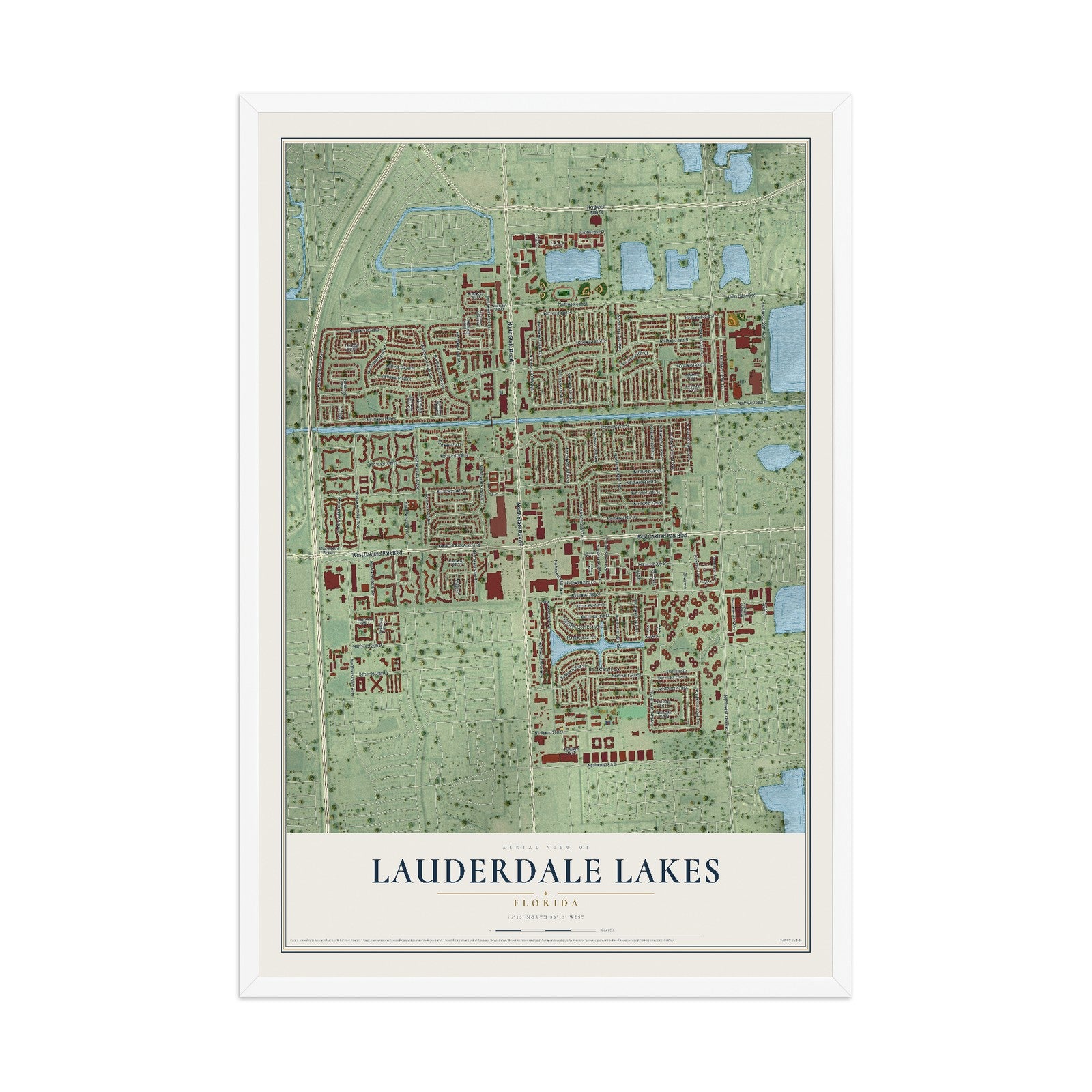 Lauderdale Lakes, Florida map print, 12" x 18" W/ White Ayous Wood Frame mockup