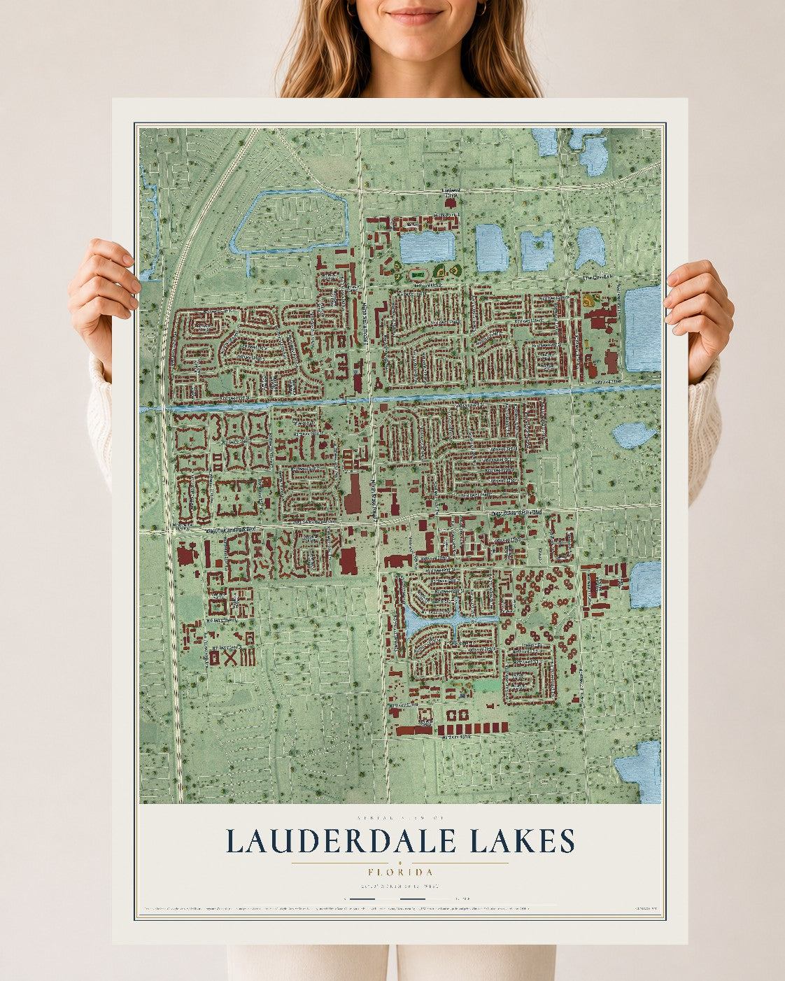 Lauderdale Lakes, Florida map print, 24" x 36" Archival Matte Print mockup
