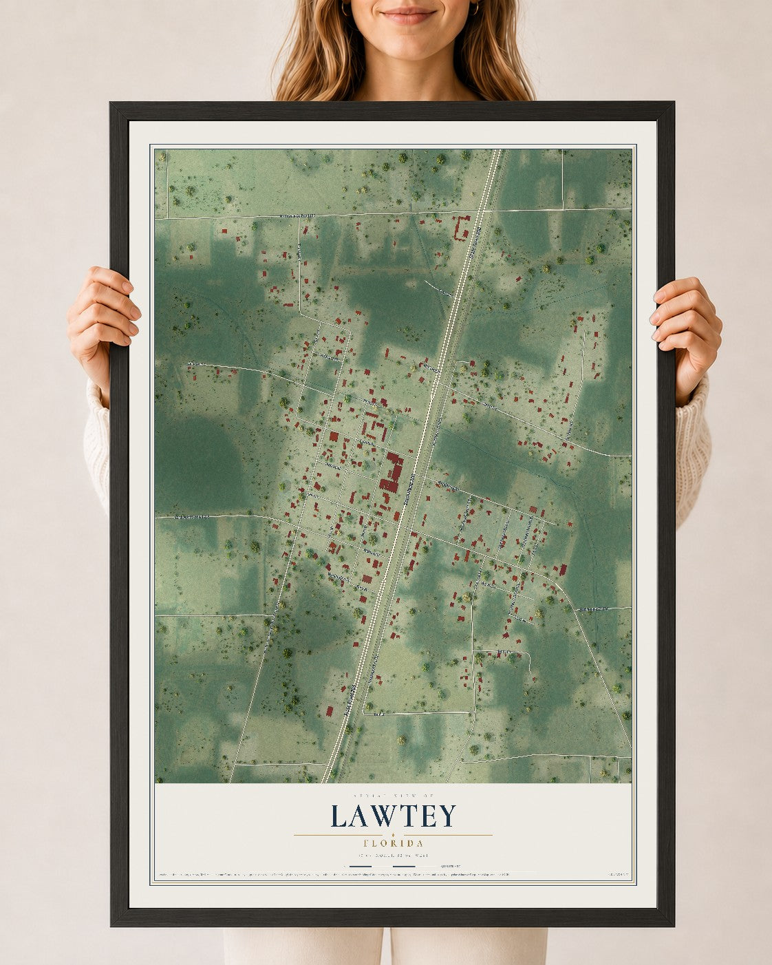 Lawtey, Florida map print, 24" x 36" W/ Black Ayous Wood Frame mockup