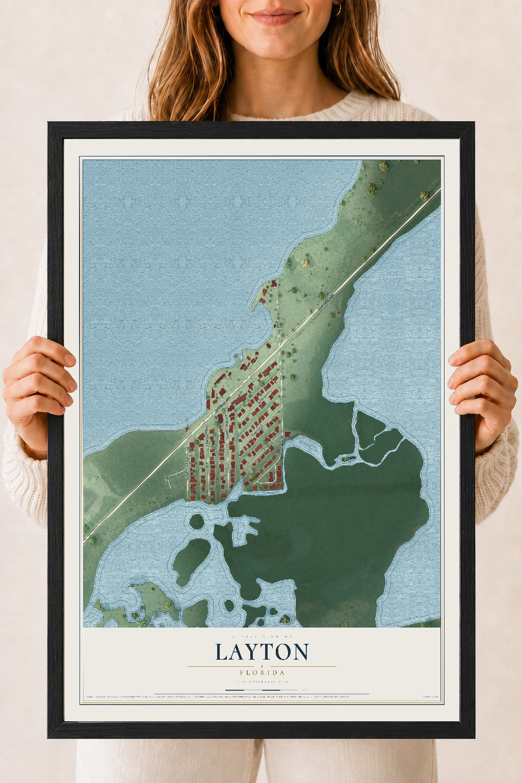 Layton, Florida map print, 18" x 24" W/ Black Ayous Wood Frame mockup