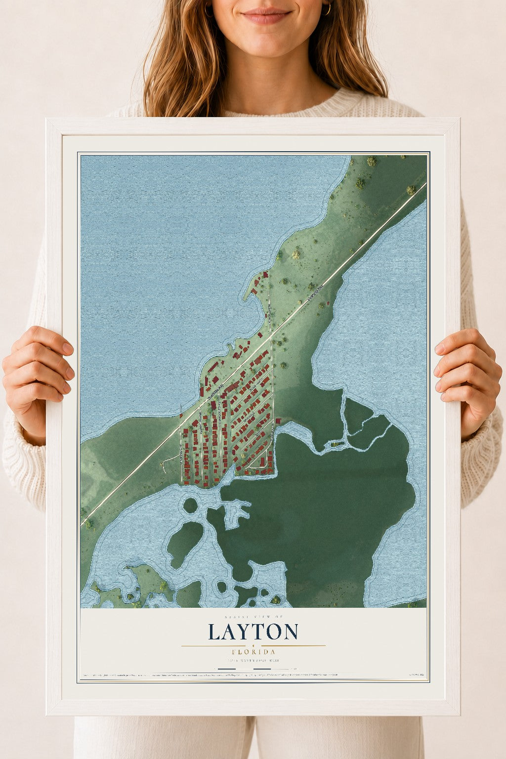 Layton, Florida map print, 18" x 24" W/ White Ayous Wood Frame mockup