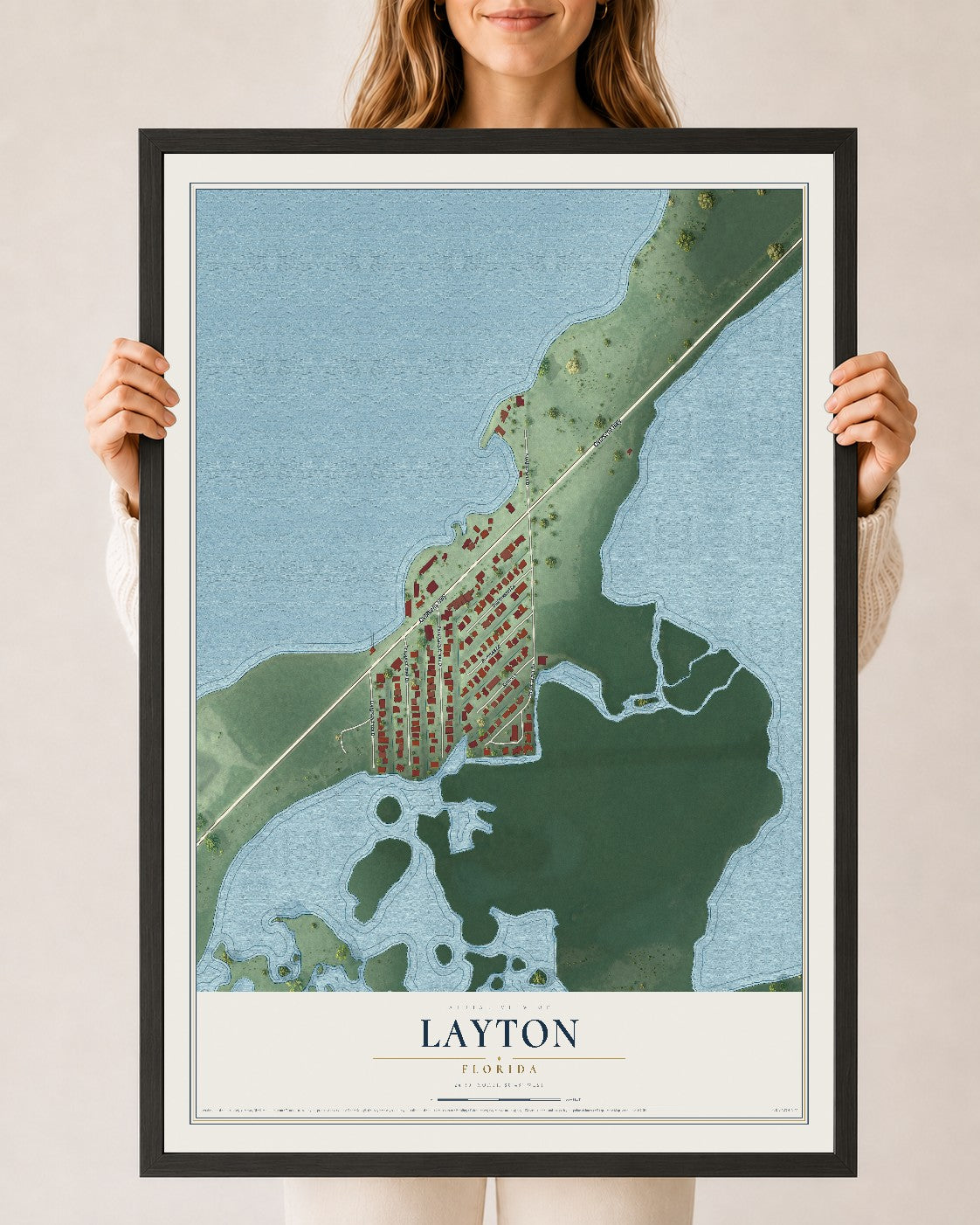 Layton, Florida map print, 24" x 36" W/ Black Ayous Wood Frame mockup