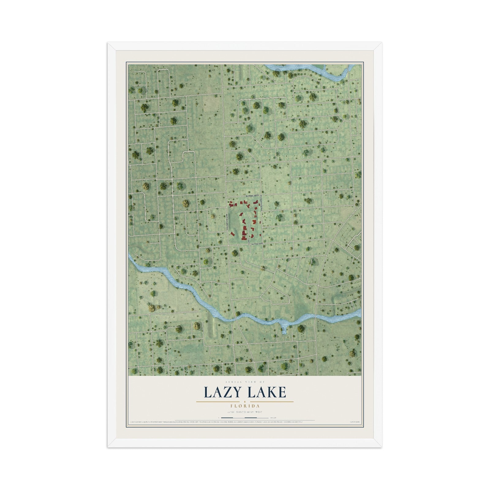 Lazy Lake, Florida map print, 12" x 18" W/ White Ayous Wood Frame mockup