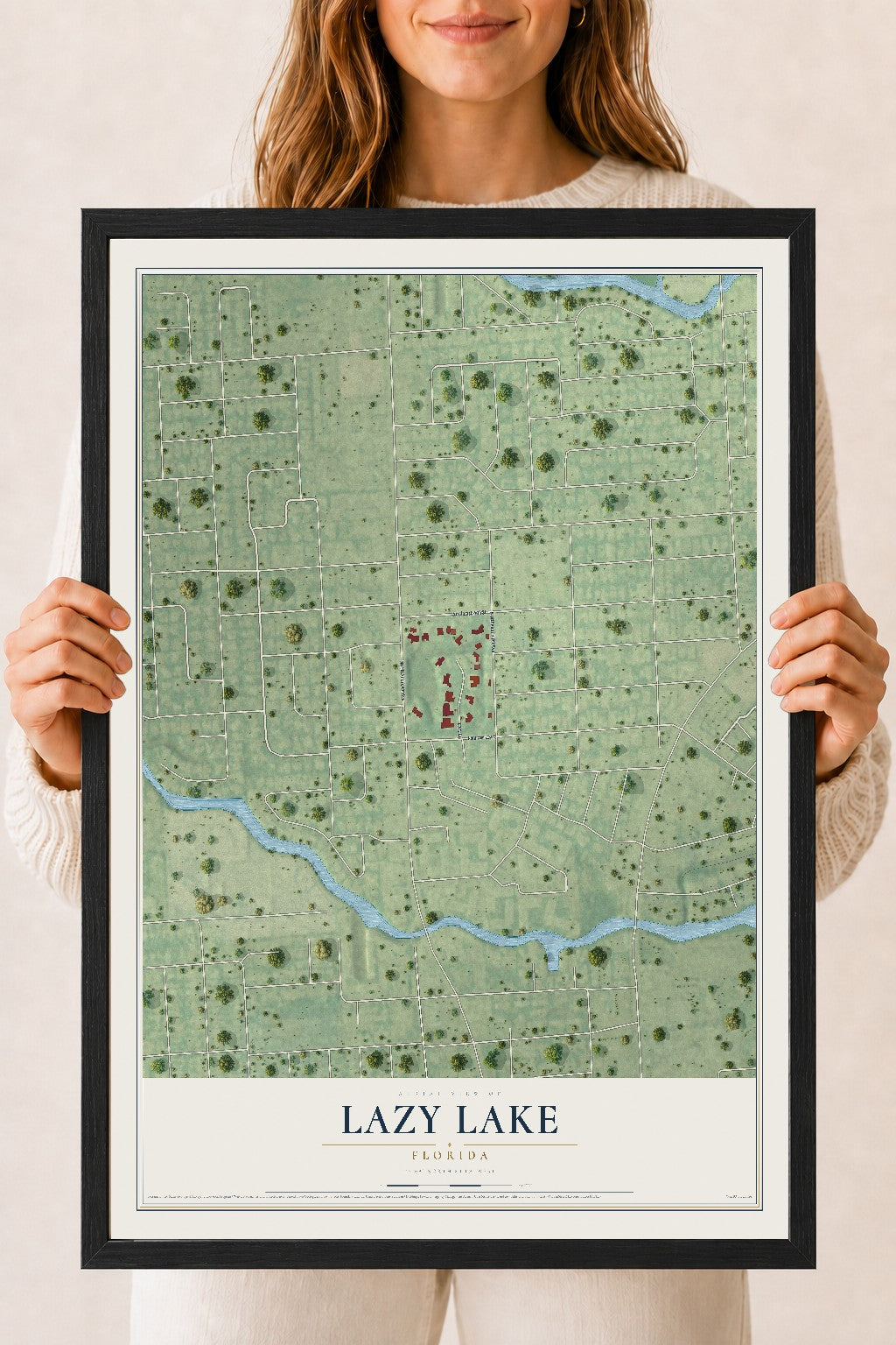 Lazy Lake, Florida map print, 18" x 24" W/ Black Ayous Wood Frame mockup