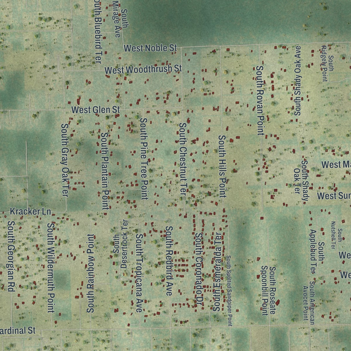 Close-up of the map of Lecanto, Florida print showing street and building detail
