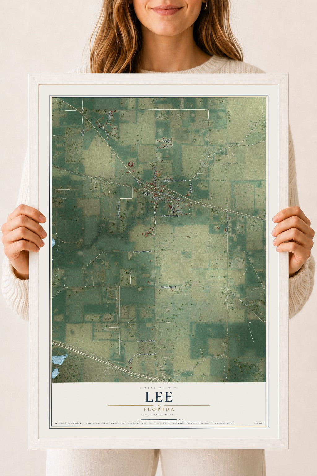Lee, Florida map print, 18" x 24" W/ White Ayous Wood Frame mockup